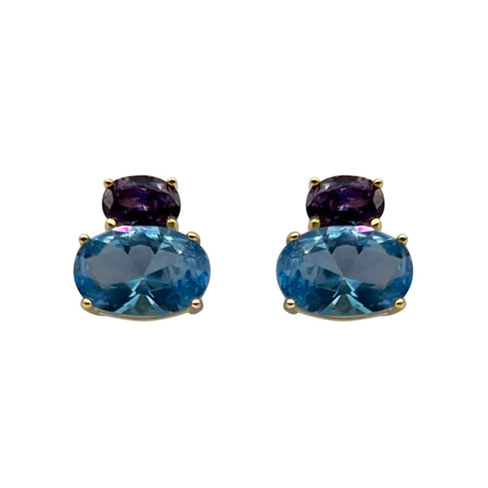 Amethyst & Aquamarine CZ Oval Button Earrings in Silver Vermeil