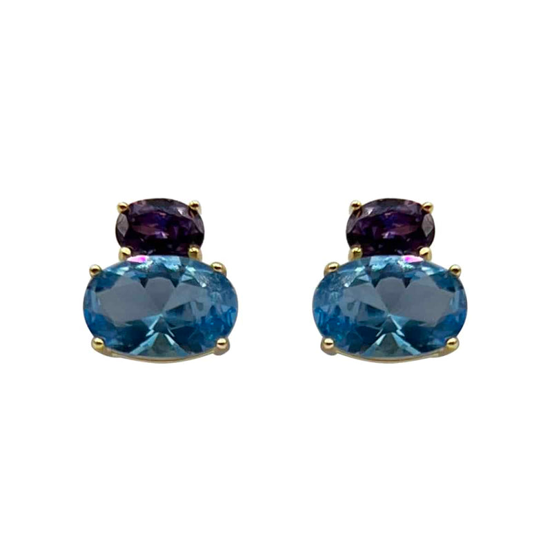 Amethyst & Aquamarine CZ Oval Button Earrings in Silver Vermeil