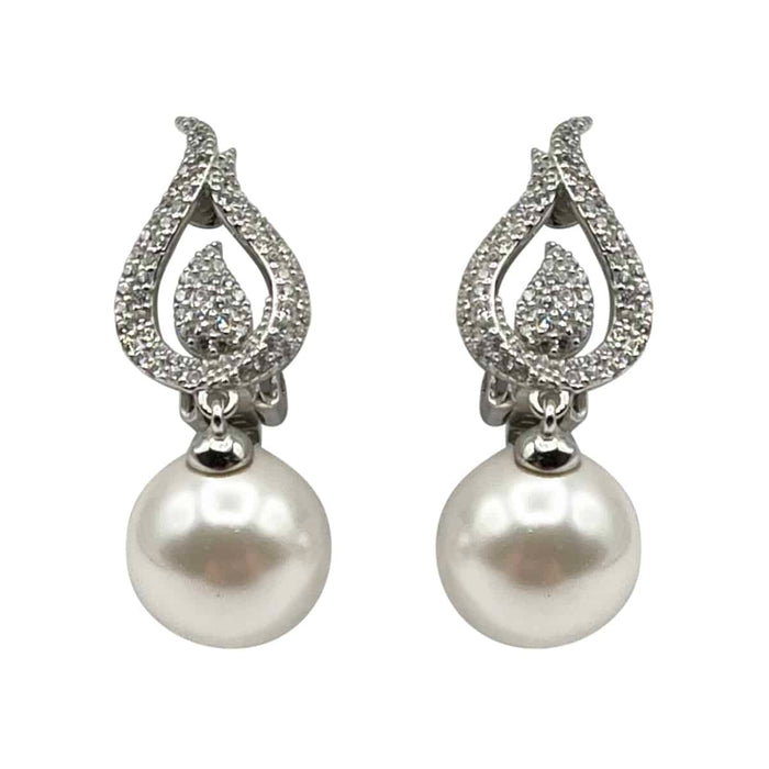 Pave Pearl Drop Clip Earrings