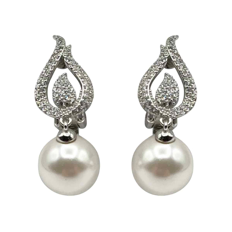 Pave Pearl Drop Clip Earrings