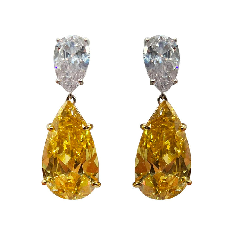 Large Double Pear Canary and Diamond  Clip Earrings