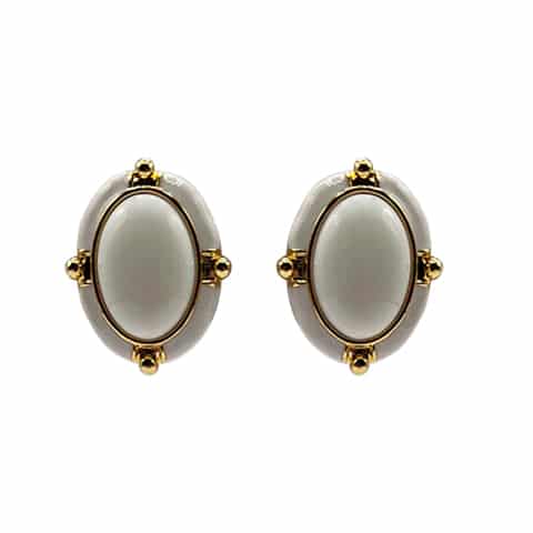 White Enamel Oval Clip Earrings