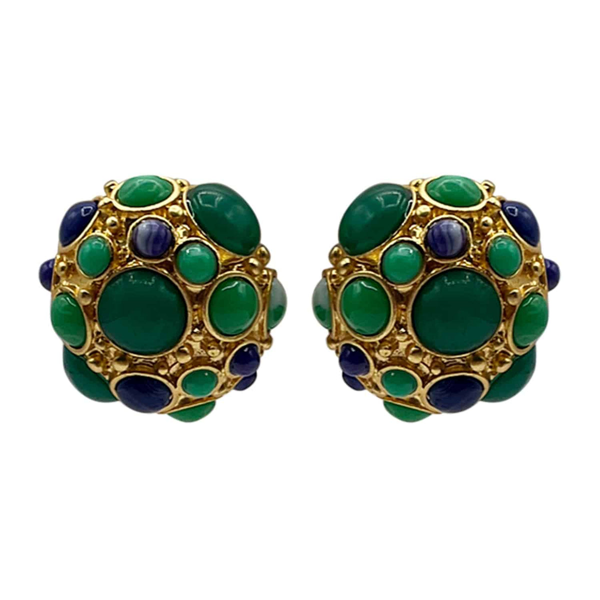 Green & Blue Glass Multi Color Clip Button Earrings