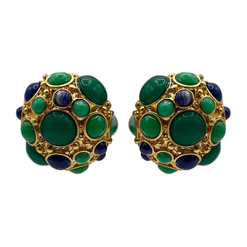 Green & Blue Glass Multi Color Clip Button Earrings