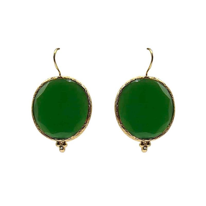 Large Round Emerald Green Cat's Eye Earrings - Gold-Plated Brass Setting