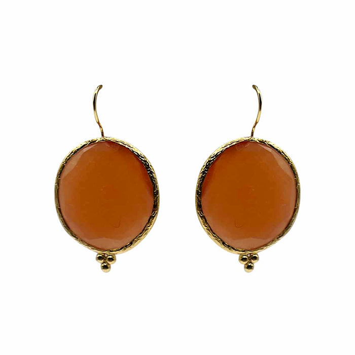 Large Round Light Amber Cat’s Eye Earrings – Gold-Plated Brass Setting