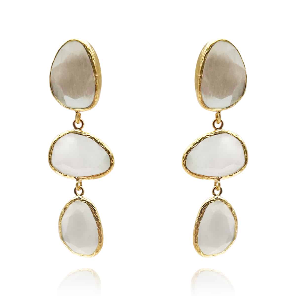 Off-White Cat's Eye Triple Drop Earrings - Faceted Design