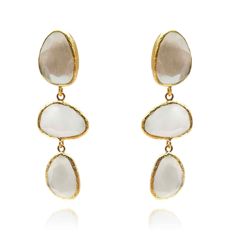 Off-White Cat's Eye Triple Drop Earrings - Faceted Design