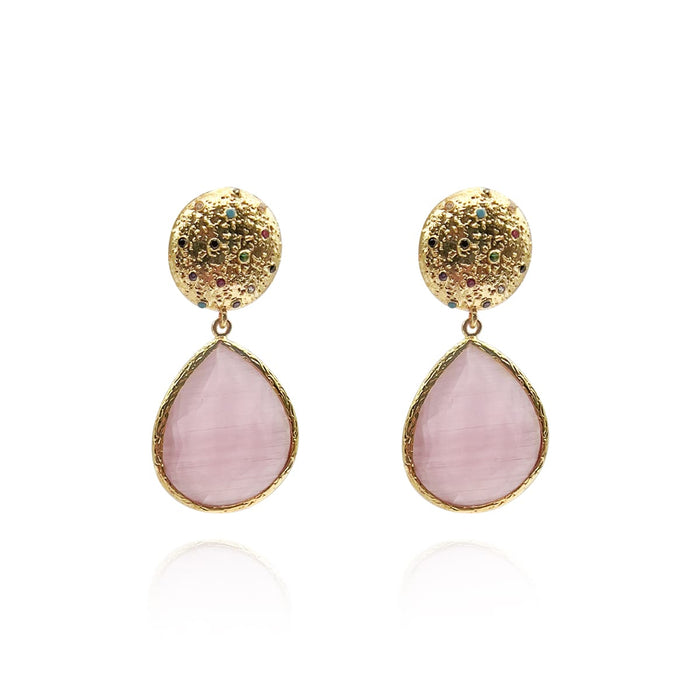 Pink Cat's Eye Pear Drop Earrings - Gold Encrusted Button Tops