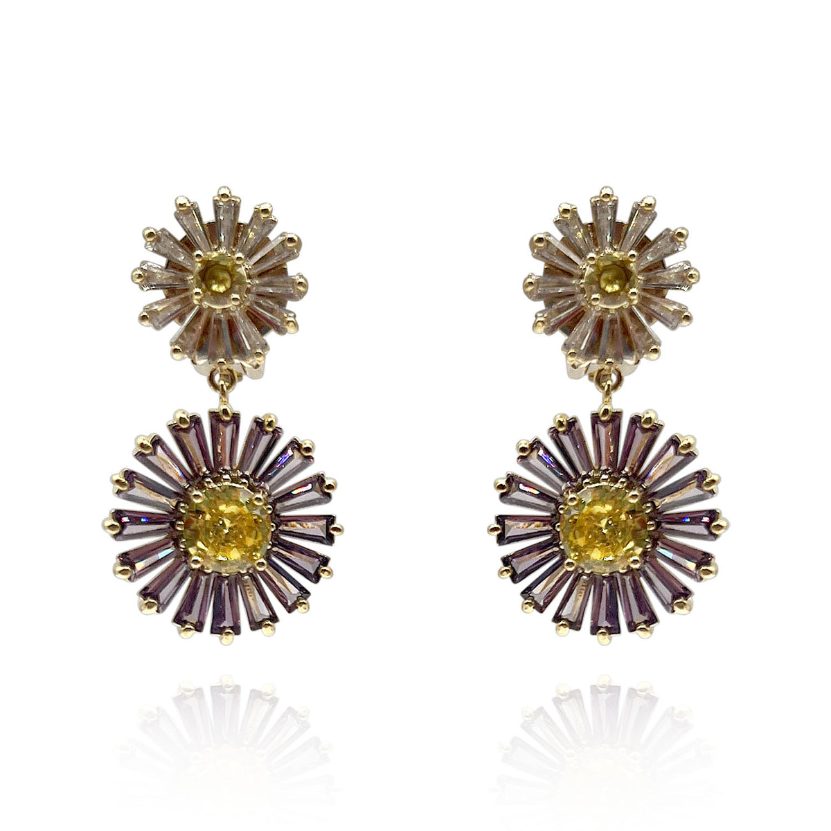 Lavender And Yellow Diamond Clip-On Earrings With Crystal Baguettes