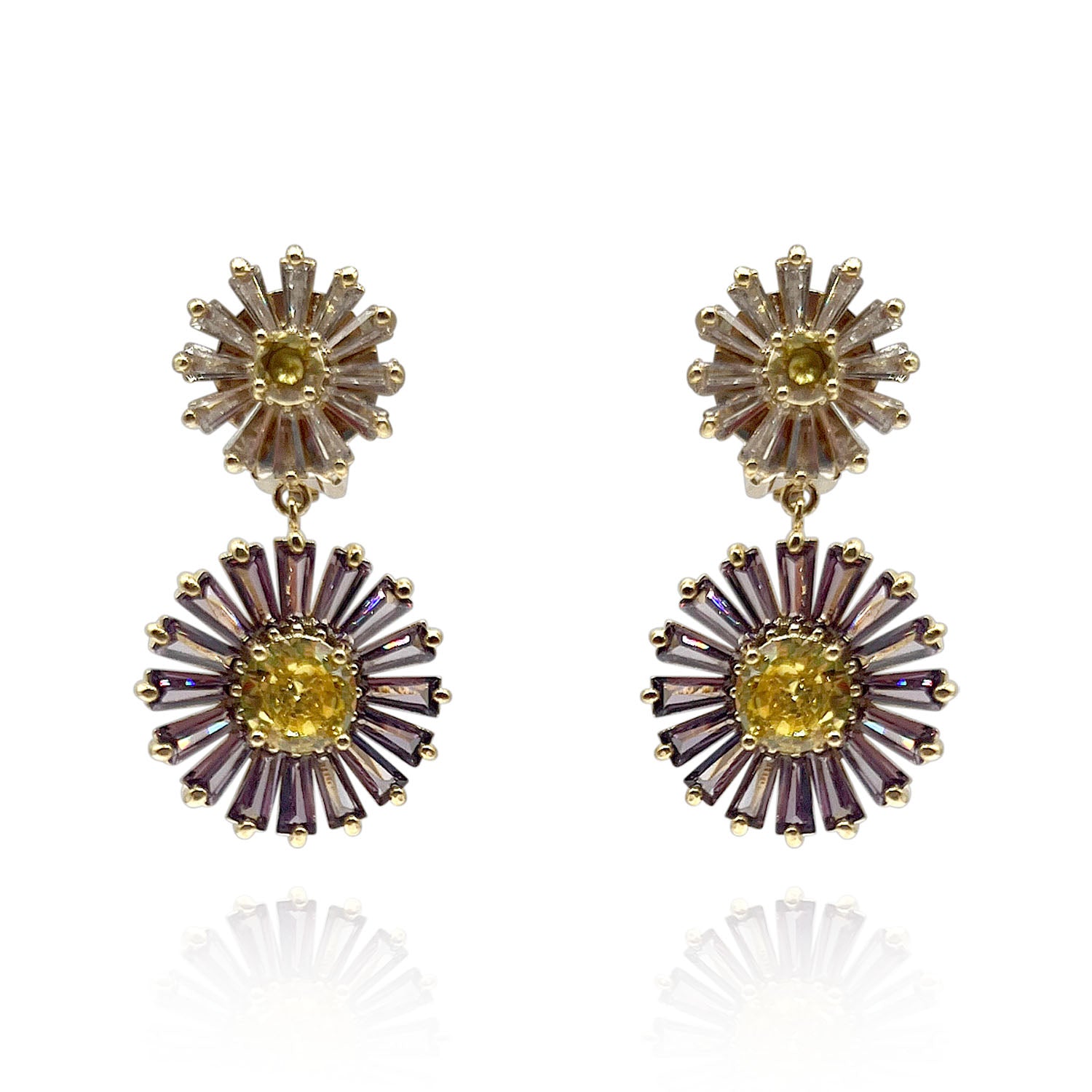Pendientes de clip Claire de lavanda y diamantes amarillos con baguettes de cristal
