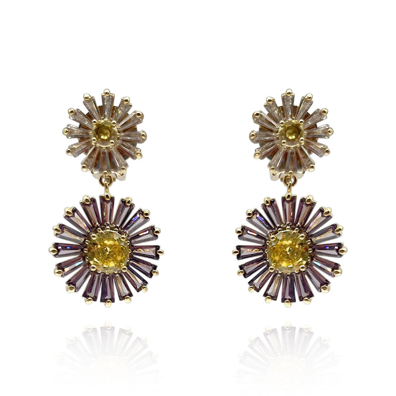 Lavender And Yellow Diamond Clip-On Earrings With Crystal Baguettes