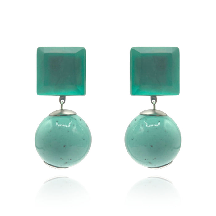 Boucles d'oreilles à clips en résine italienne avec dessus à facettes en miroir et gouttes en boule turquoise clair