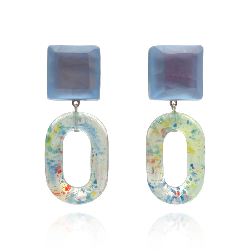 Clip On Earrings With Faceted Periwinkle Square Tops And Oval Translucent Drops