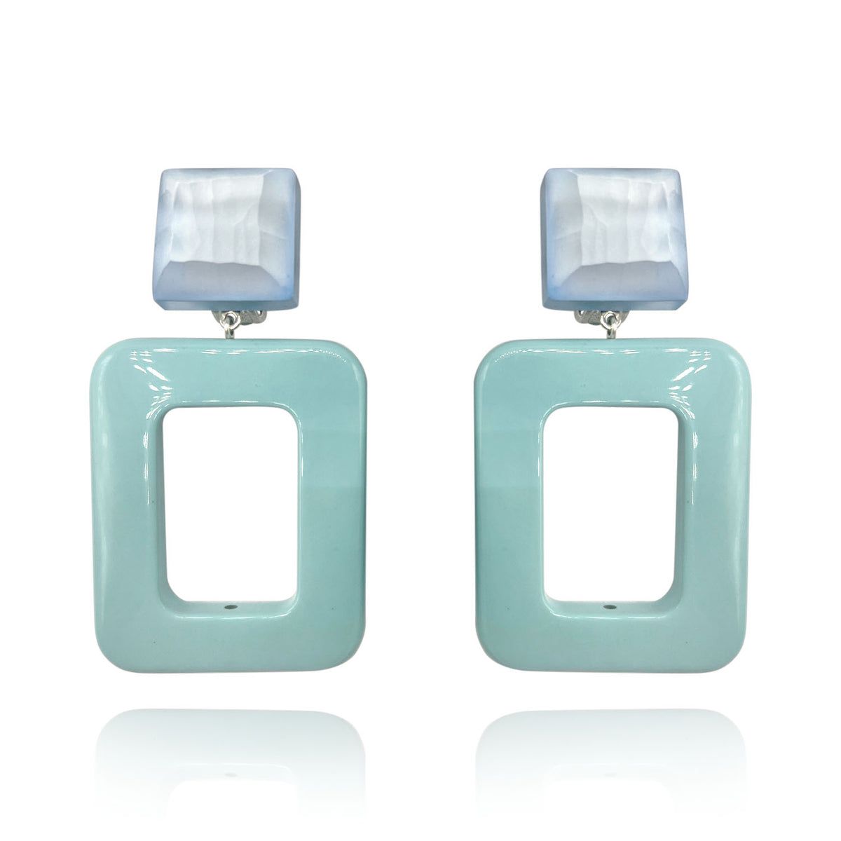 Clip On Earrings With Mirrored Square Resin Tops And Light Turquoise Drops