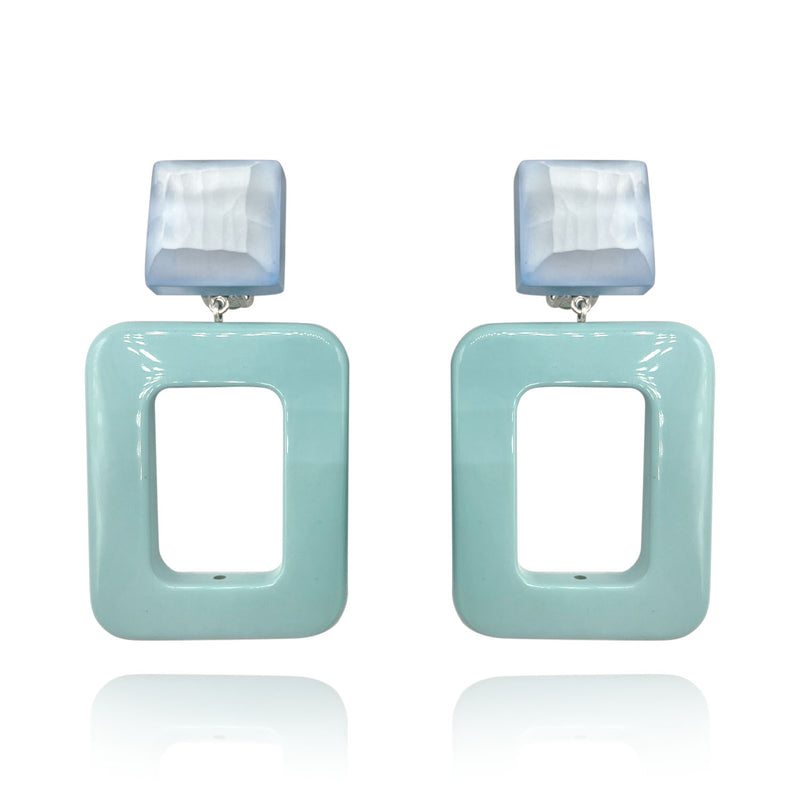 Clip On Earrings With Mirrored Square Resin Tops And Light Turquoise Drops