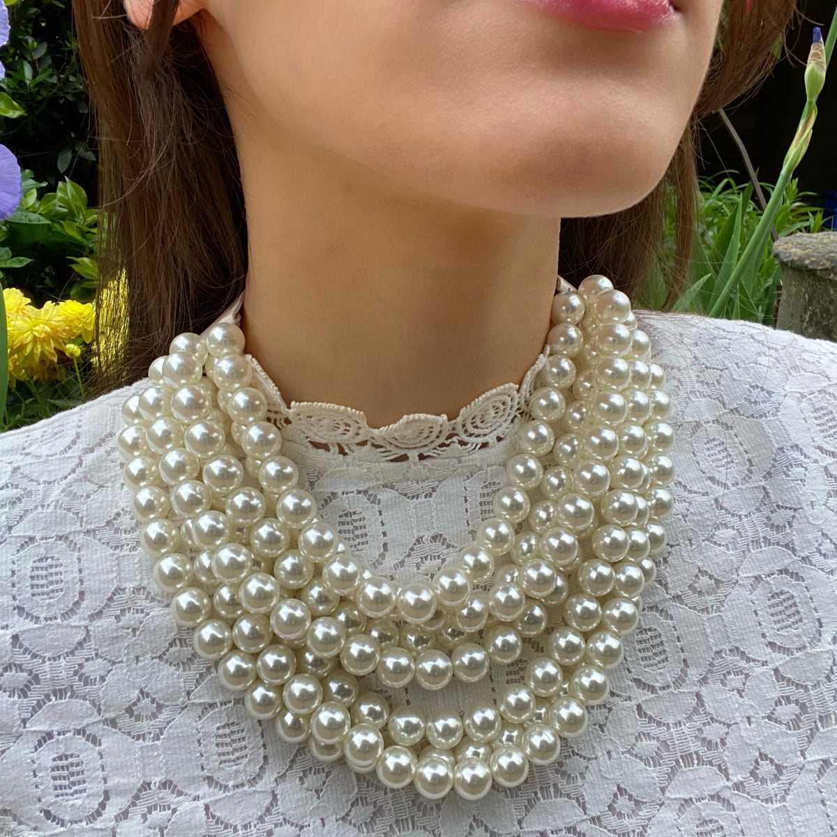 Multi-Strand Faux Pearl Necklace With Ivory Vegan Adjustable Clasp