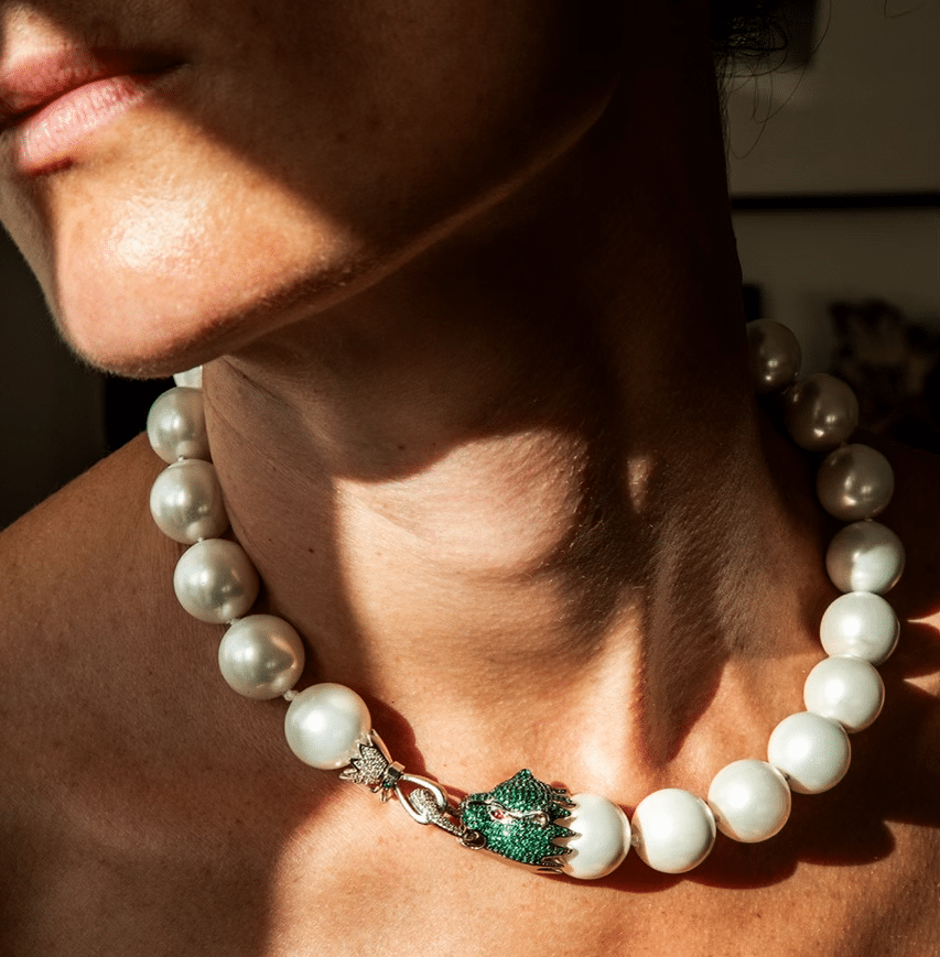 Shell-Based Pearl Necklace with Sterling Silver & Emerald Lion Clasp