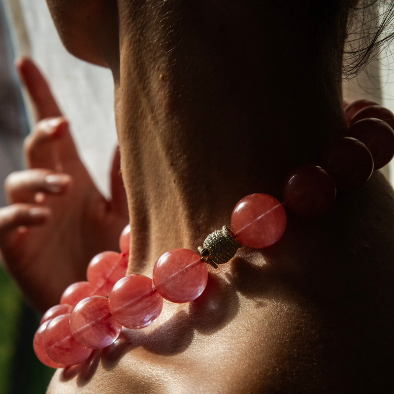 Large Pink Quartz Bead Necklace with Sterling Silver Vermeil Barrel Clasp