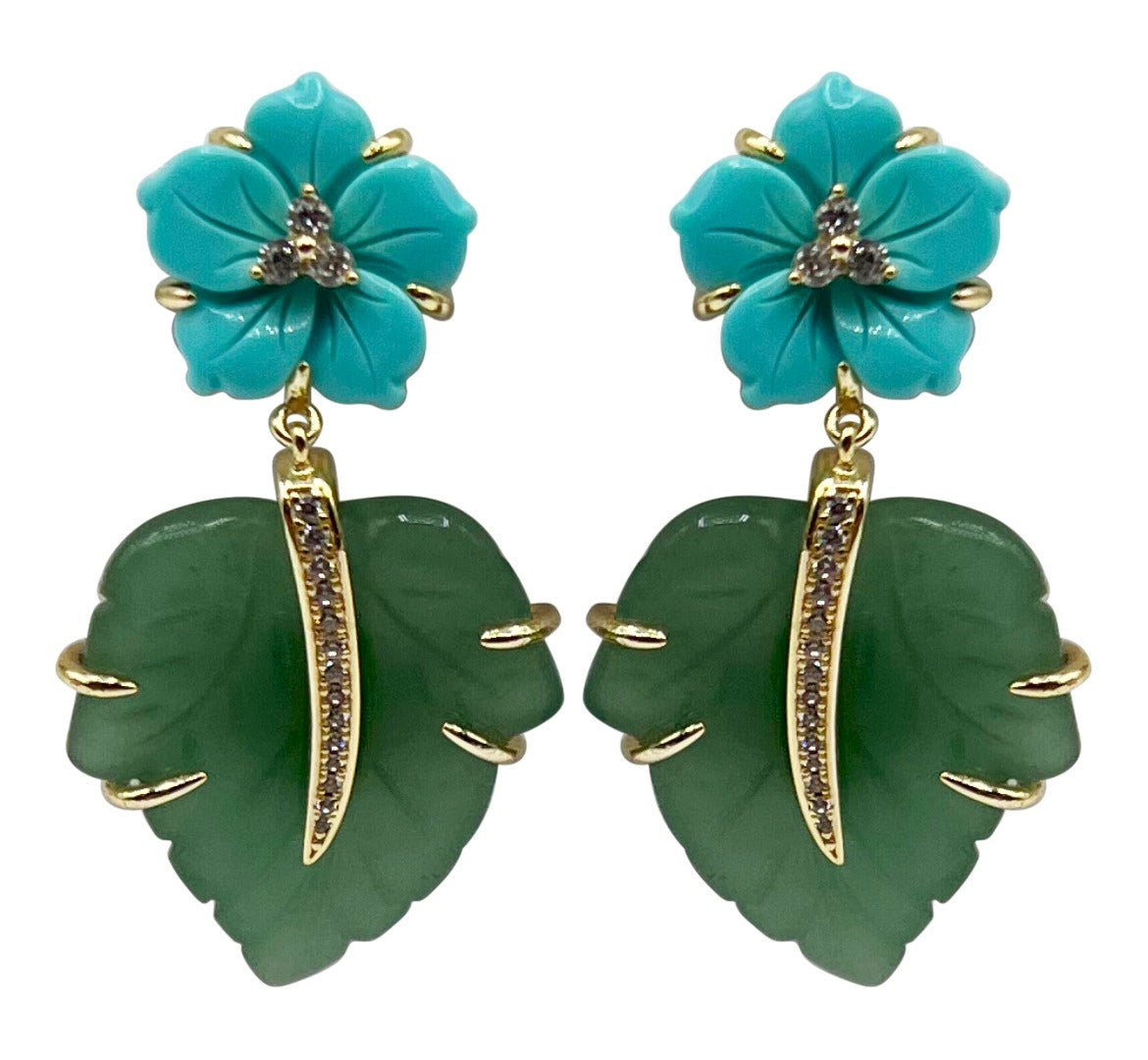 Boucles d'oreilles pendantes en forme de feuille de jade avec motif floral turquoise - Boho Chic