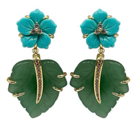 Boucles d'oreilles pendantes en forme de feuille de jade avec motif floral turquoise - Boho Chic