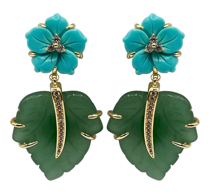 Boucles d'oreilles pendantes en forme de feuille de jade avec motif floral turquoise - Boho Chic