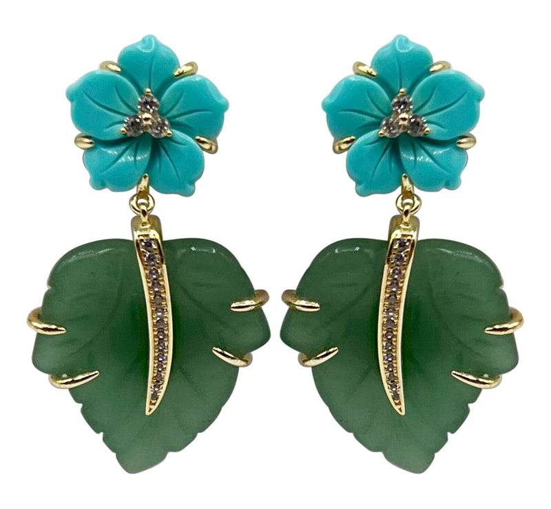 Boucles d'oreilles pendantes en forme de feuille de jade avec motif floral turquoise - Boho Chic