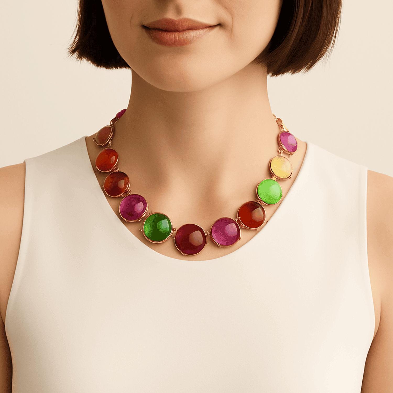 Penny Round Cabachon Multi Color Necklace