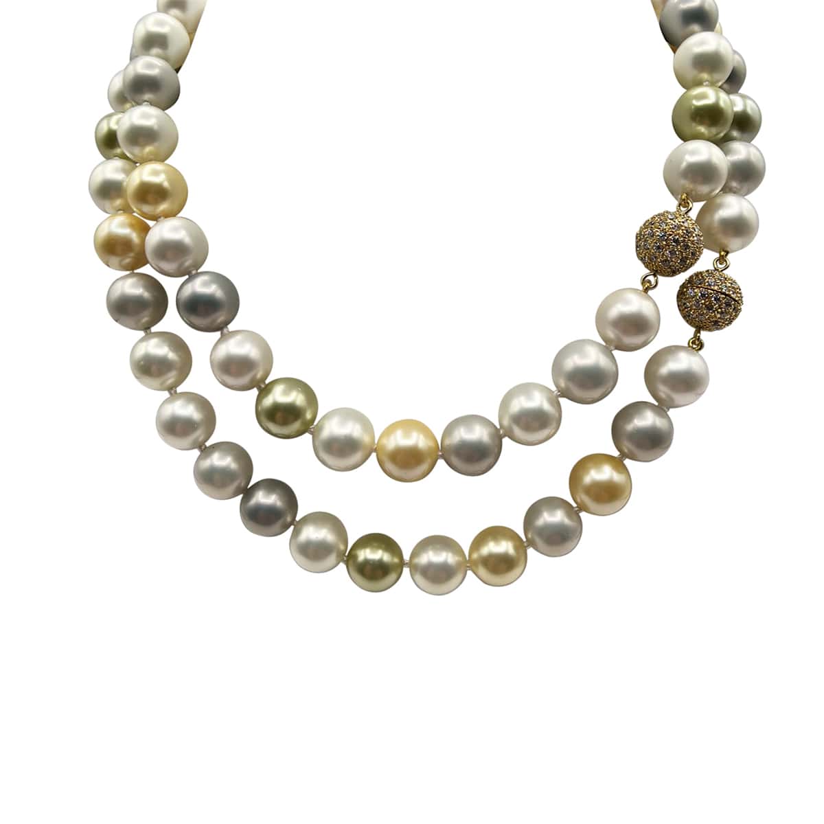 12mm Two-Strand Shell Pearl Necklace - Sterling Silver Vermeil & CZ Clasps"