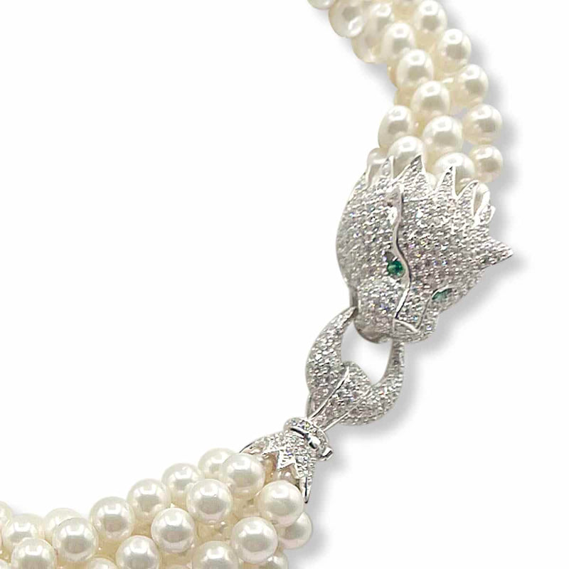 Multi-Strand Shell Based Pearl Necklace - Sterling Silver & Cubic Zirconia Lion Clasp