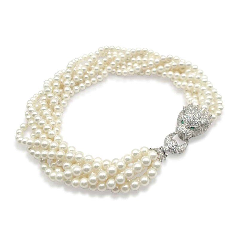 Multi-Strand Shell Based Pearl Necklace - Sterling Silver & Cubic Zirconia Lion Clasp