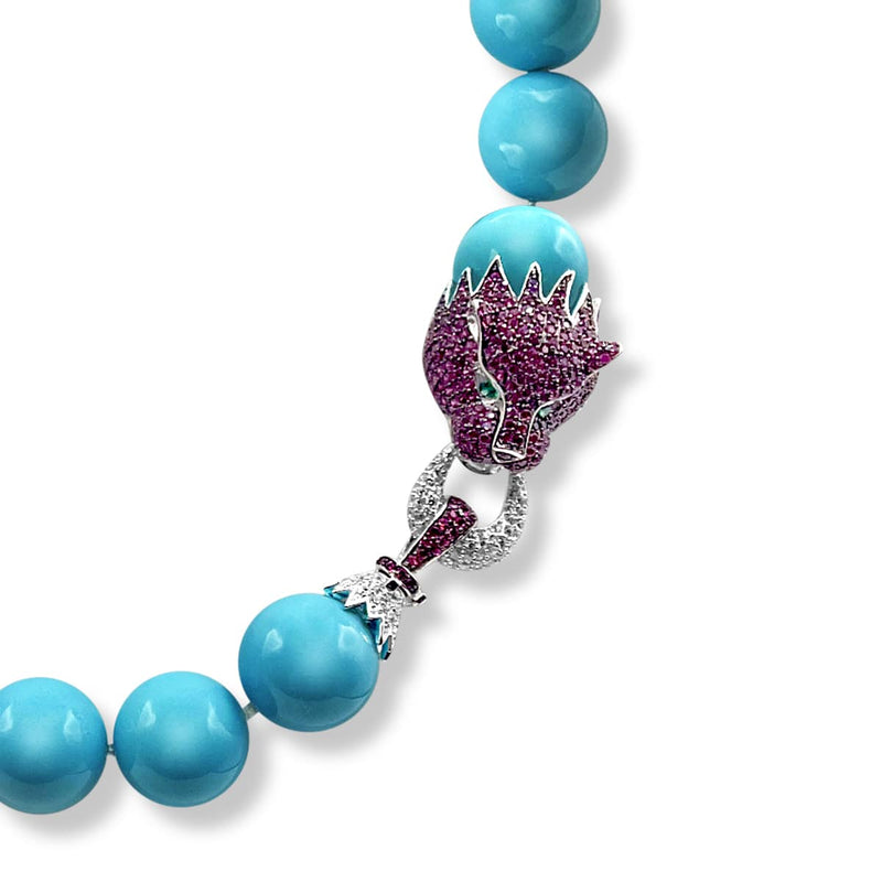 18mm Turquoise Knotted Necklace - 16" with Sterling Silver Ruby CZ Lion Clasp