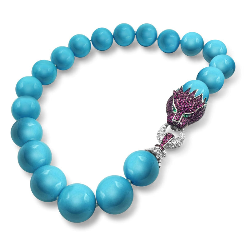 Collier noué turquoise 18 mm - 16" avec fermoir lion en argent sterling et rubis CZ