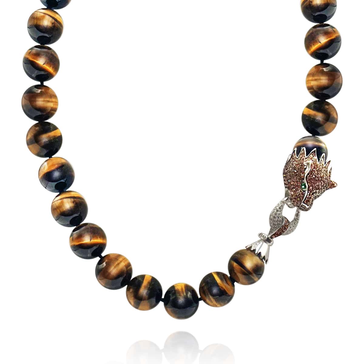 Collier œil de tigre - 16 mm, 17" avec fermoir lion en topaze CZ, yeux émeraude