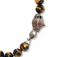 Tiger's Eye Necklace - 16mm, 17" with Topaz CZ Lion Clasp, Emerald Eyes