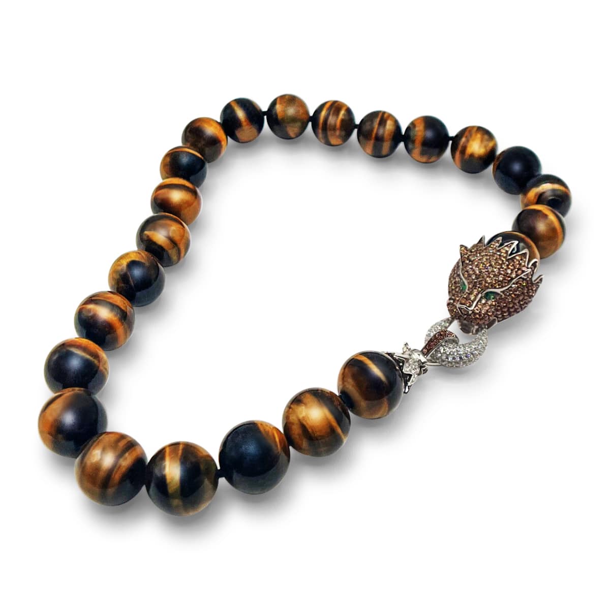 Collier œil de tigre - 16 mm, 17" avec fermoir lion en topaze CZ, yeux émeraude