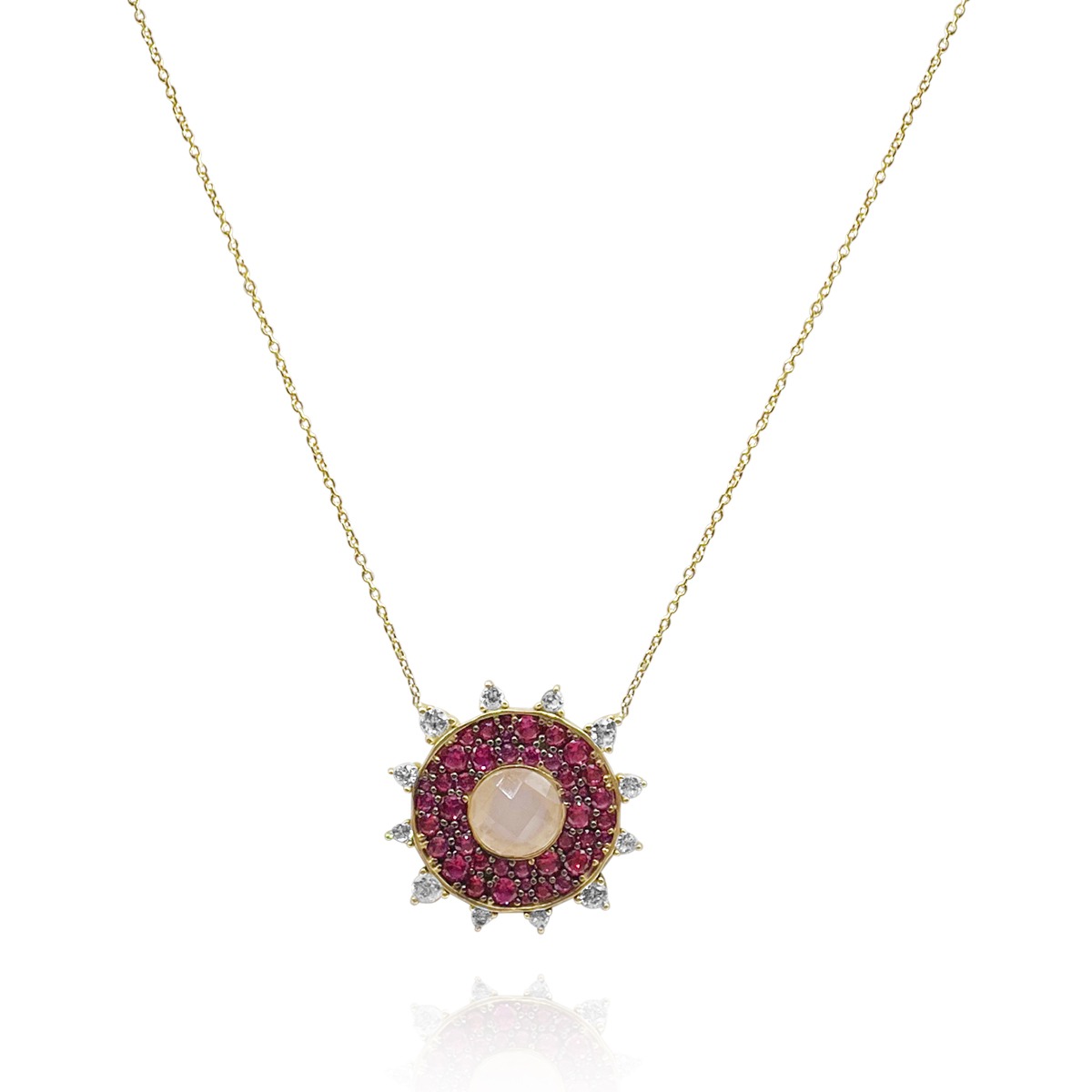 Pendentif Soleil avec Rubis, Diamant CZ et Quartz Rose en Argent Sterling Vermeil