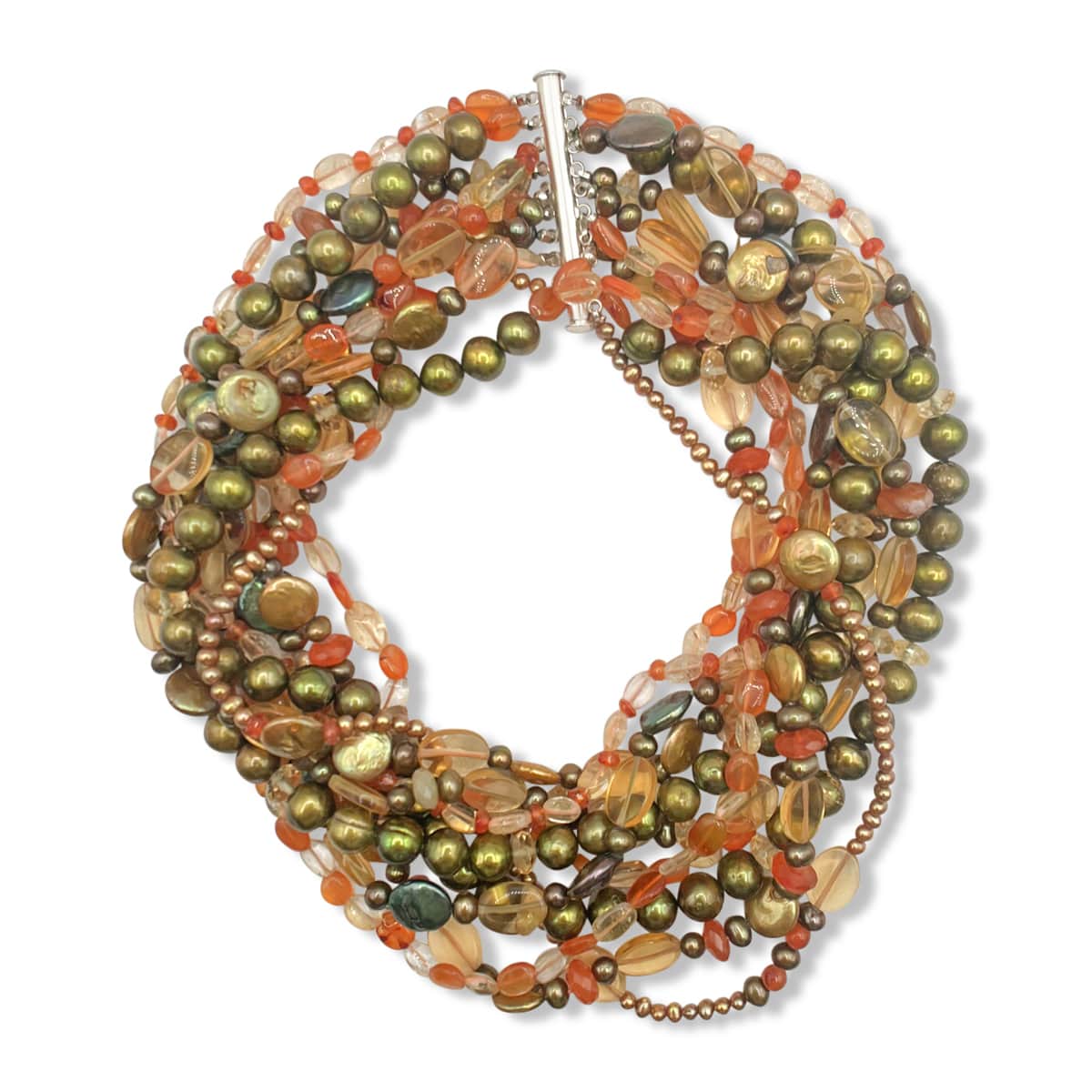 Collier Toursade multi-rangs 17" - Perles colorées, citrine, cornaline