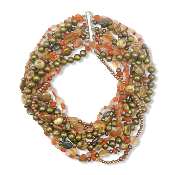 Multi-Strand 17" Toursade Necklace - Colored Pearls, Citrine, Carnelian