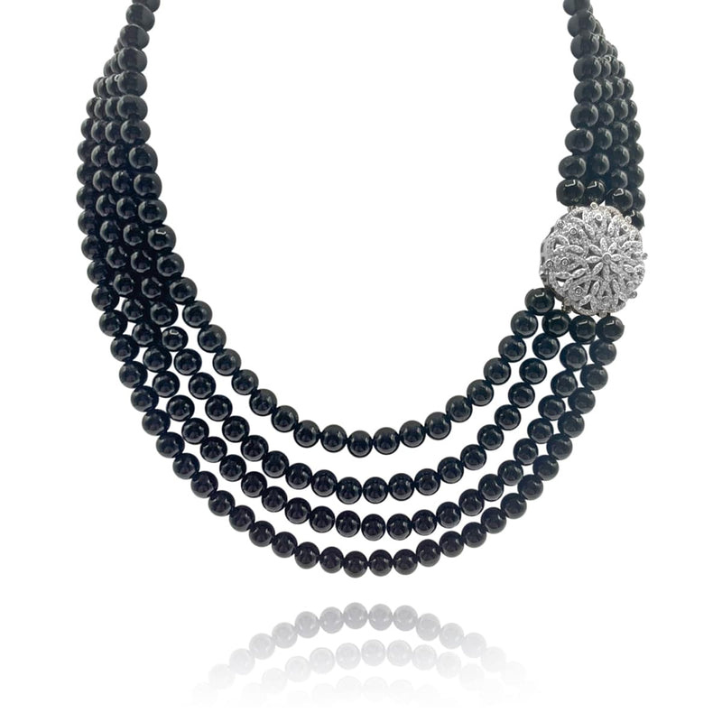 Collier gigogne à 4 rangs en onyx - Fermoir en argent sterling et zircone cubique