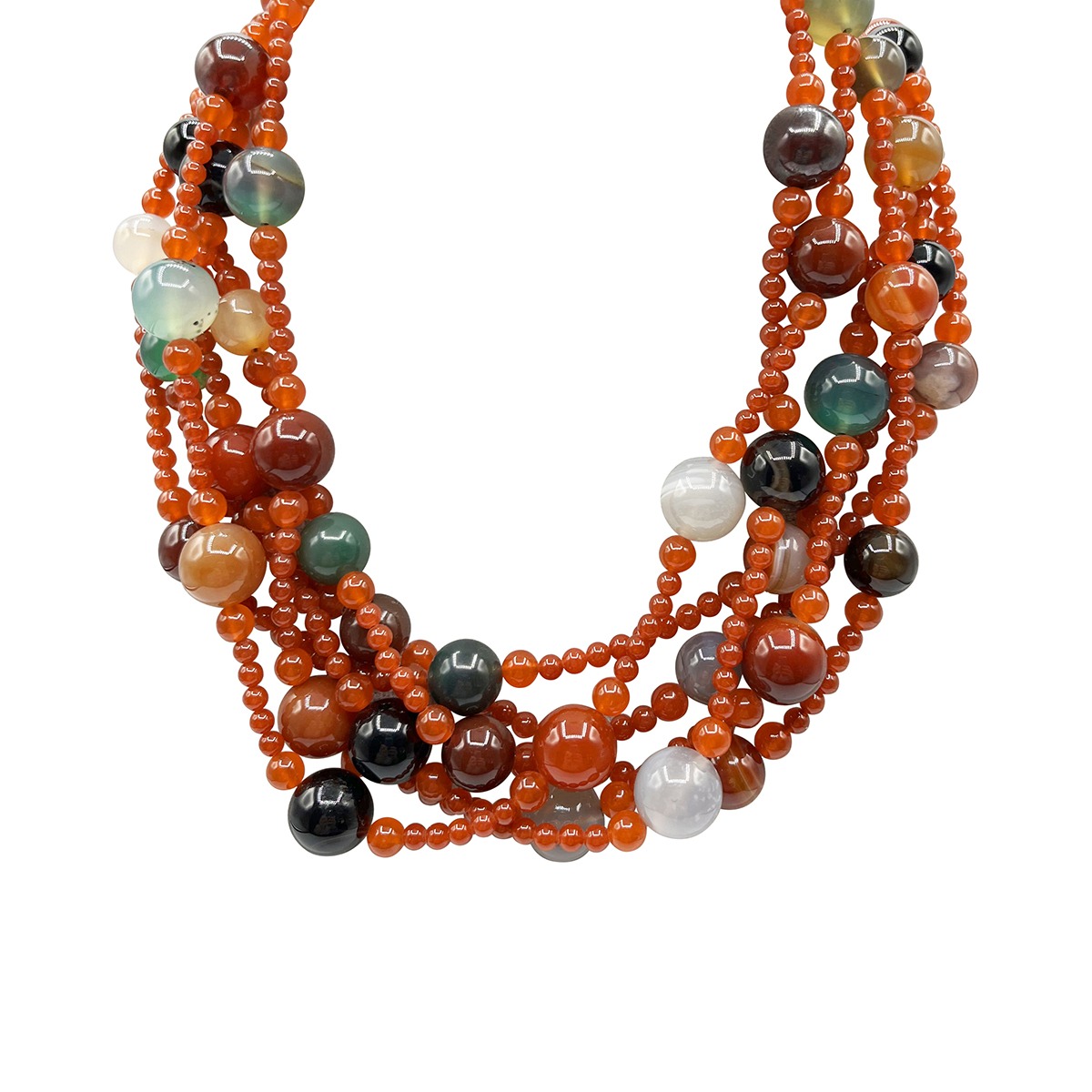 18" Carnelian Torsade Necklace with Agate, Onyx, and Aventurine Beads