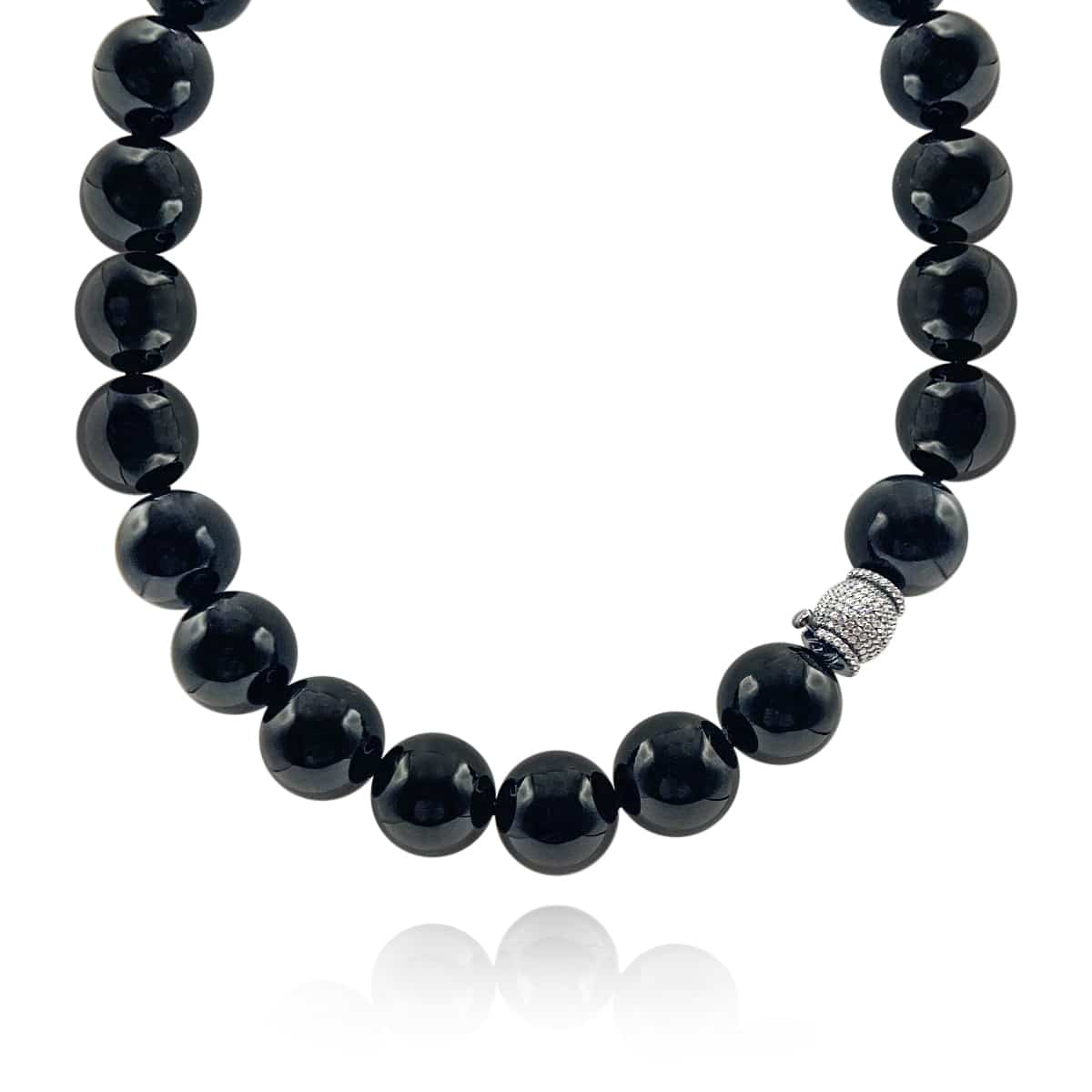 18mm Onyx Bead Necklace - 16" with Sterling Silver CZ Clasp