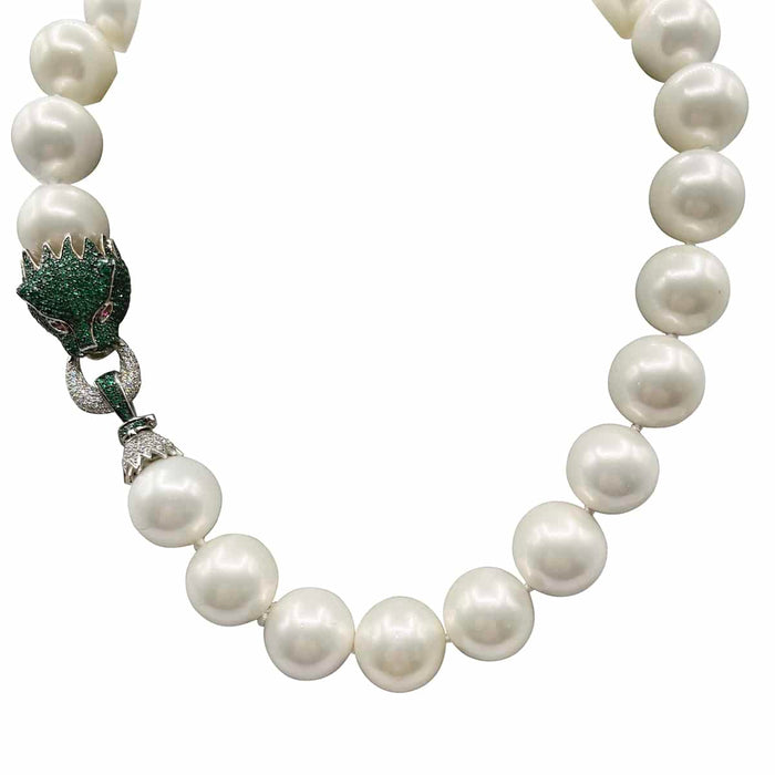 Shell-Based Pearl Necklace with Sterling Silver & Emerald Lion Clasp