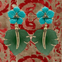 Boucles d'oreilles pendantes en forme de feuille de jade avec motif floral turquoise - Boho Chic