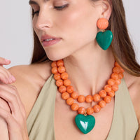 Amour Carved Coral Resin Bead With Jade Green Resin Heart Pendant
