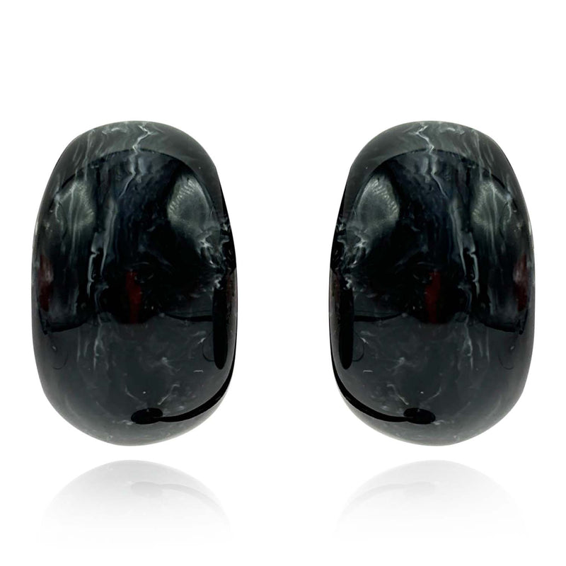 Black Marbled Resin Clip On Semi Hoop Earrings