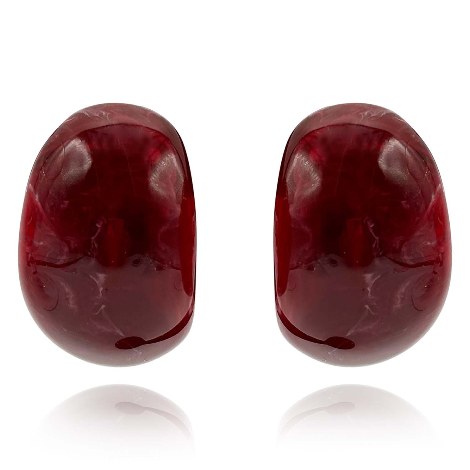 Pendientes de aro con clip de resina jaspeada color rubí y burdeos