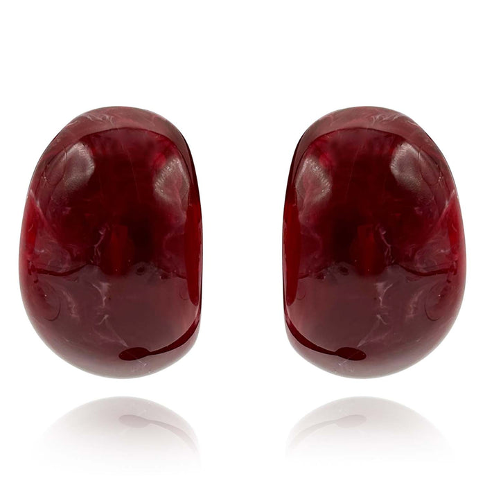 Ruby-Burgundy Marbled Resin Semi Hoop Clip On Earrings