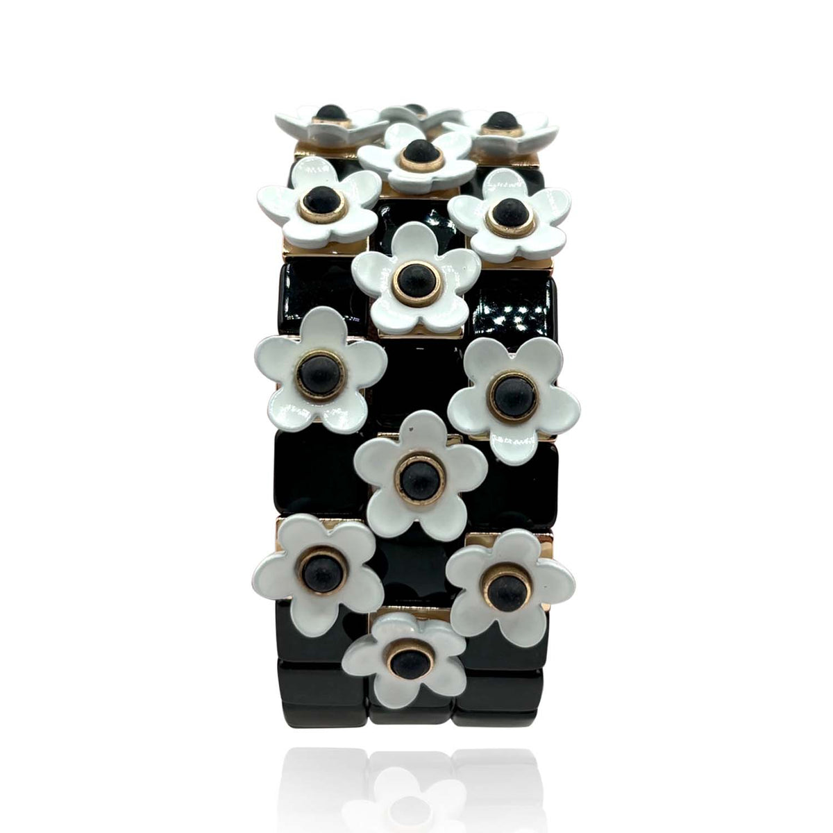 Black And White Floral Enamel Elasticized Bracelets