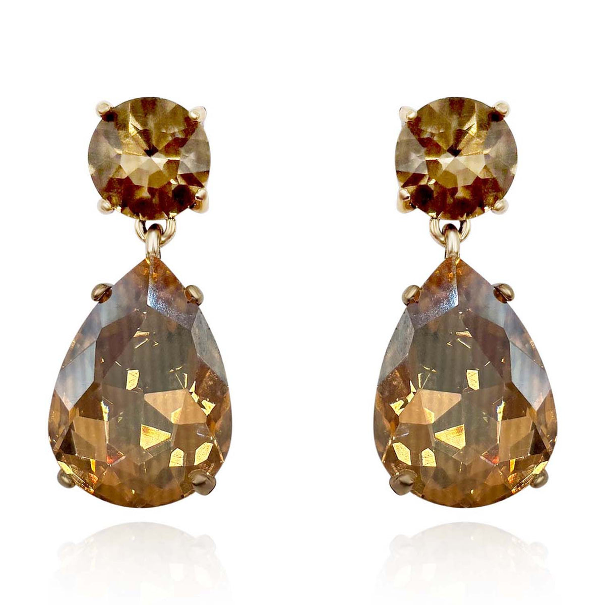 Large Pear-Faceted Champagne Crystal Drop Earrings In Brass With Gold Plating